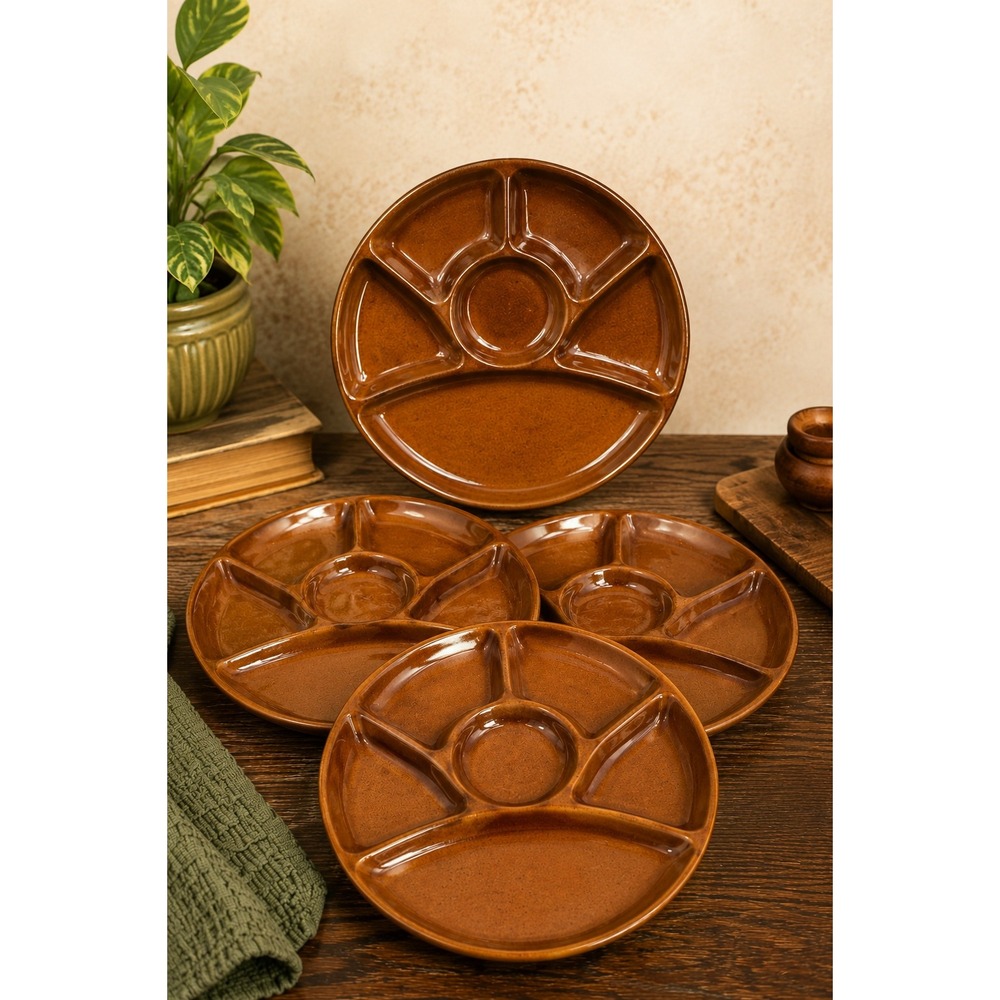 Vintage Alpina Japan Fondue Plate Set of 4 Brown Ceramic Divided 9" Retro 70s